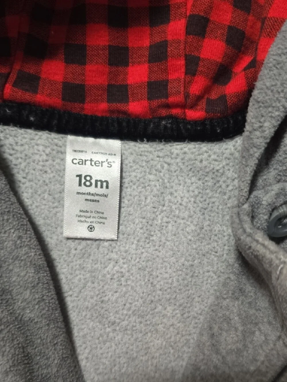 Carter's Gray Hoodie with Red Plaid Lining